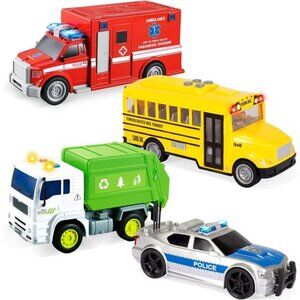 4 Pcs 7" Long Vehicle Toy Set, Toddlers Cars with Lights and Siren Sound